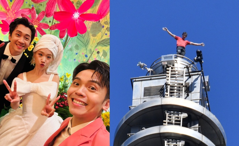 主持人黃豪平（左圖右前）發文談台灣近日兩大話題事件，幽默形容 Lulu（左圖左後）與陳漢典（左圖右後）完婚的難度不輸艾力克斯・霍諾德徒手攀登台北101（右圖）。（左圖翻攝自臉書/黃豪平；右圖為鏡報攝影組攝）