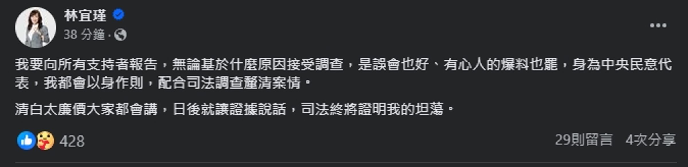 林宜瑾發文回應遭檢調搜索。（翻攝自臉書＠林宜瑾）