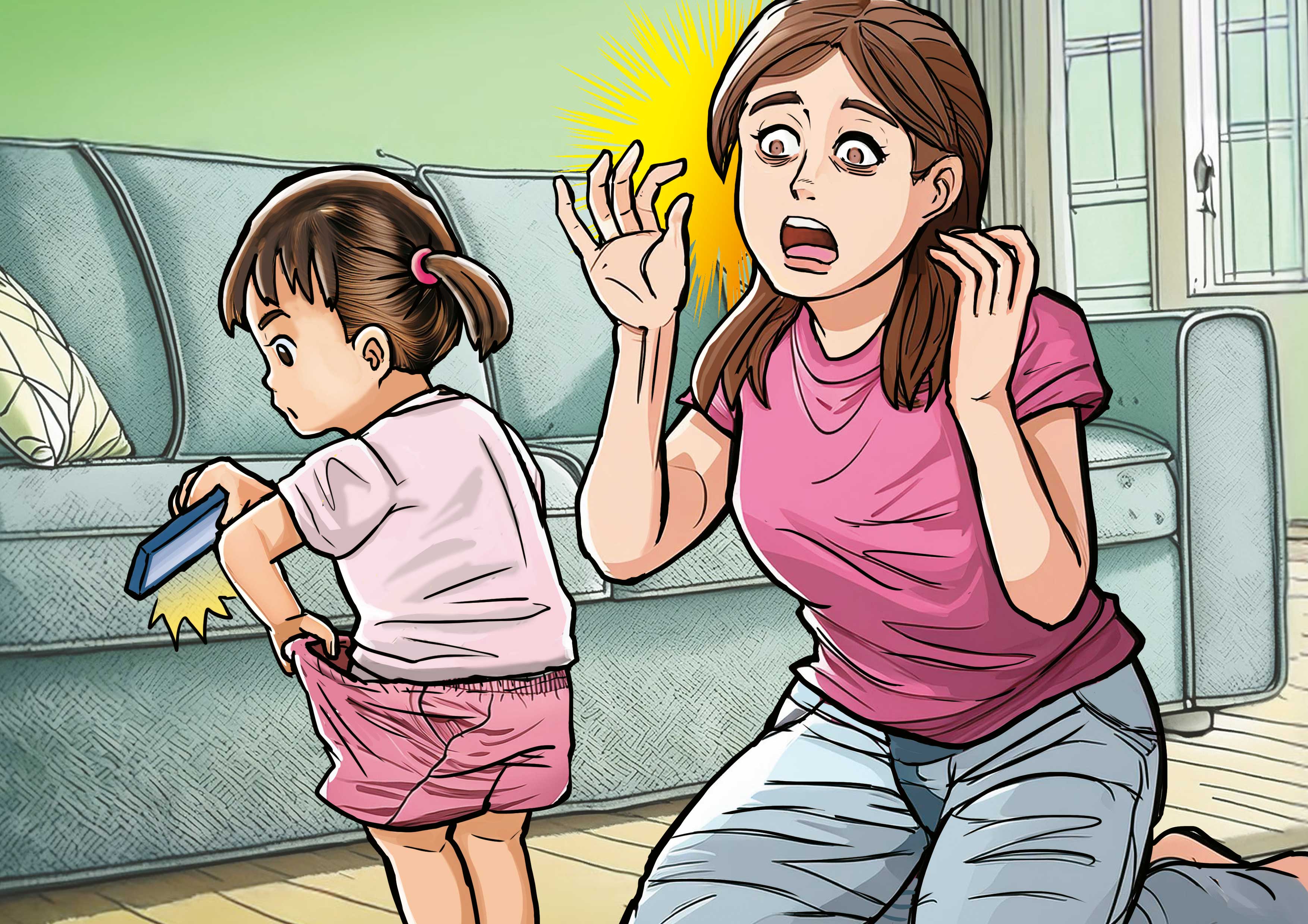 小桃拿起手機，拉開褲子，示範狼師平日拍攝她們下體的手法，嚇壞媽媽。