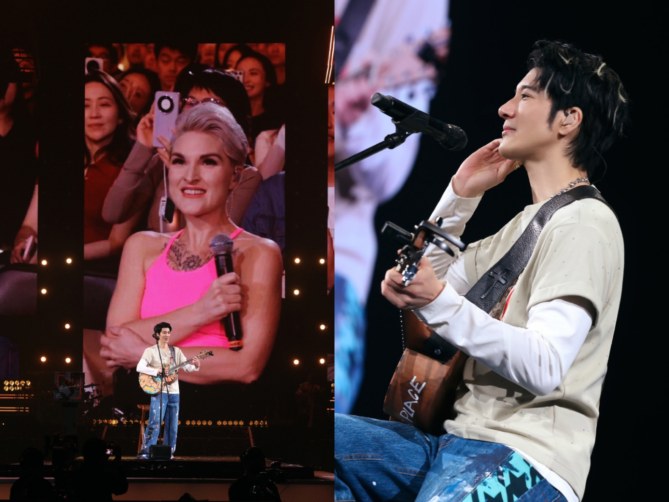 王力宏佛山演唱會驚喜見到樂評人Rozette，兩人合唱〈Shallow〉醉倒全場。（翻攝王力宏工作室微博）
