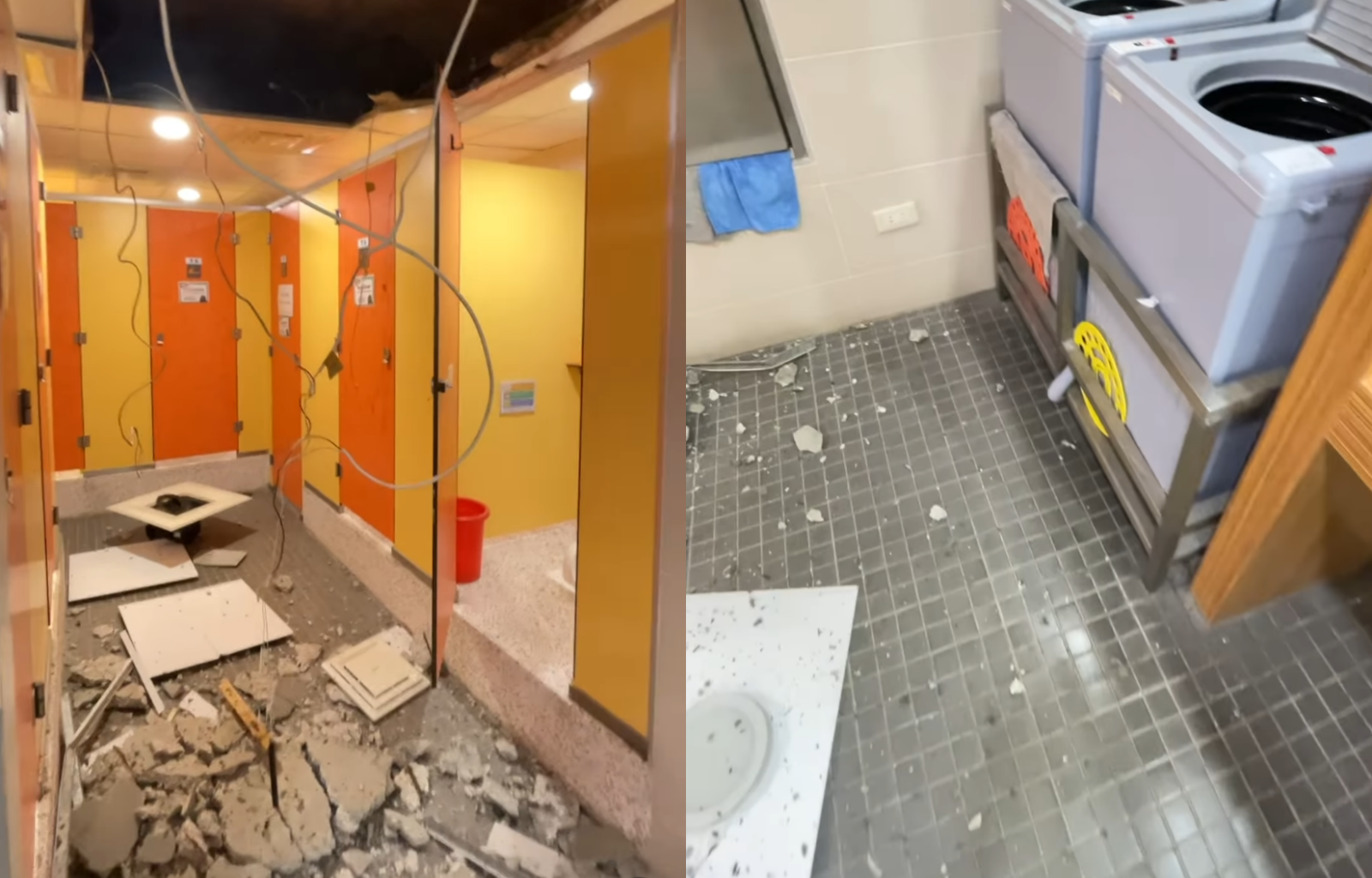 淡江大學學生宿舍女廁25日晚間發生天花板坍塌意外。（翻攝threads@uing_22）