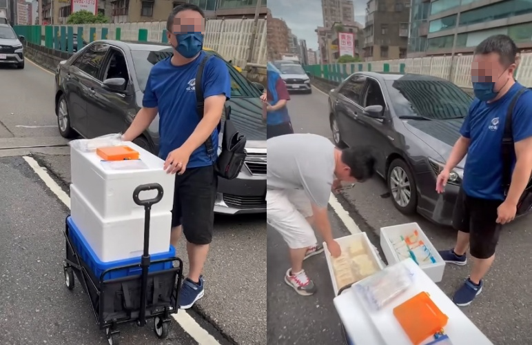 一位送早餐的老闆受困回堵車流中無法動彈，索性直接下車在忠孝橋賣起早餐。（翻攝自爆廢公社）