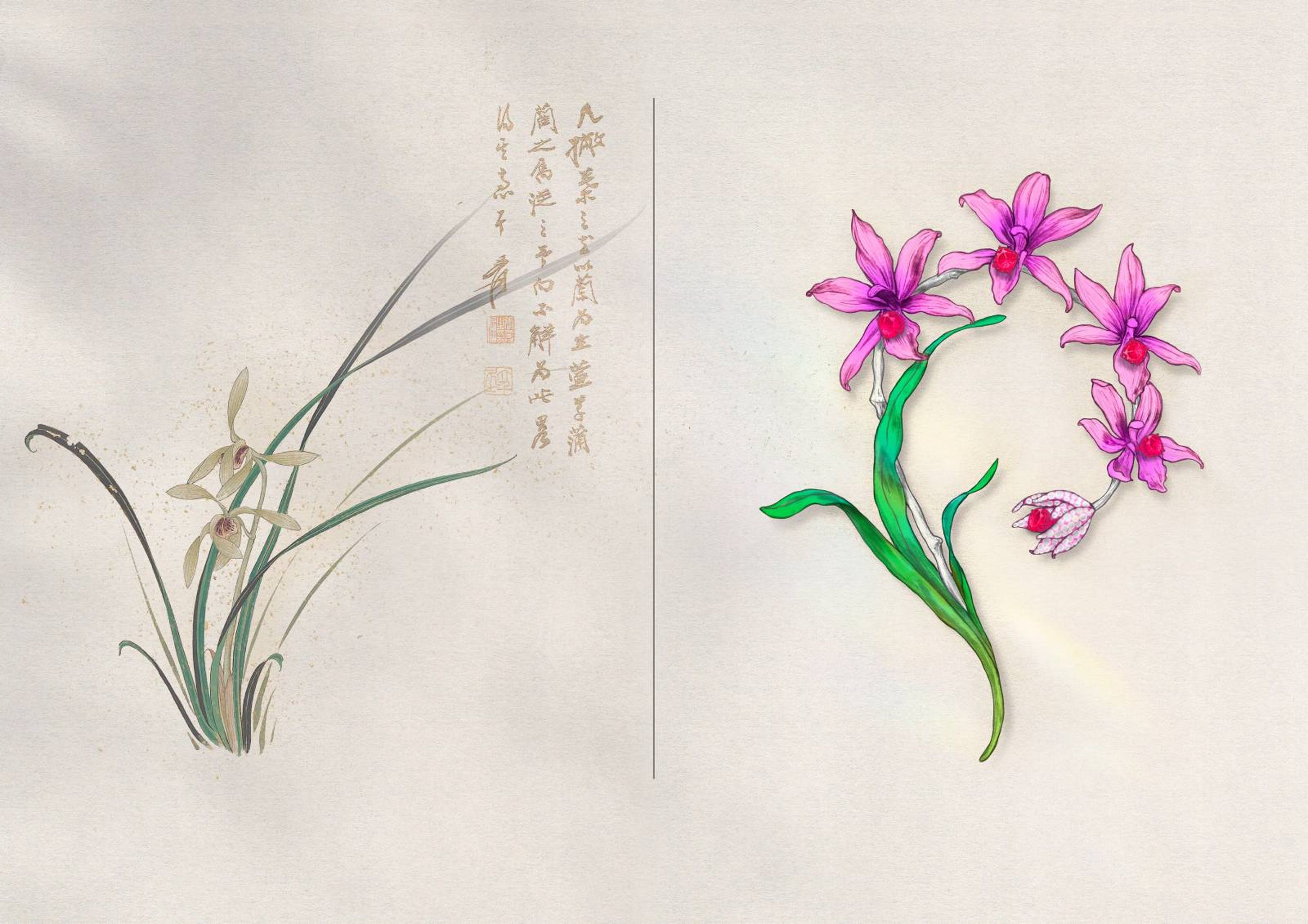 Anna Hu的作品靈感來自於清代書畫大師鄭板橋的蘭花畫作,也琢磨當代國畫大師張大千的筆觸,深入研究其用筆用墨的精髓。