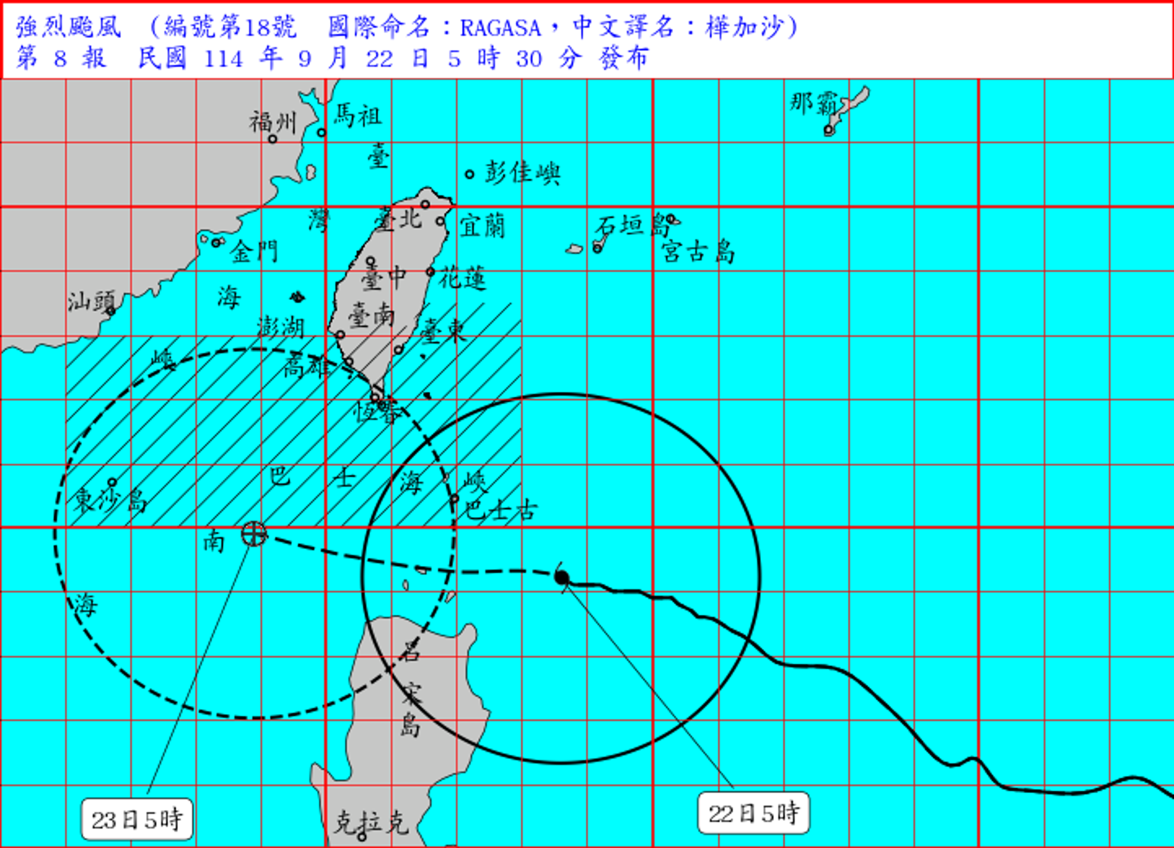 中央氣象署直指，颱風暴風圈將對台東、屏東、恆春半島及高雄將構成威脅，且此颱風未來強度仍有稍增強且暴風圈有稍擴大的趨勢。（翻攝自中央氣象署官網）