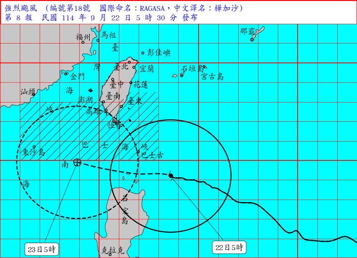 中央氣象署直指，颱風暴風圈將對台東、屏東、恆春半島及高雄將構成威脅，且此颱風未來強度仍有稍增強且暴風圈有稍擴大的趨勢。（翻攝自中央氣象署官網）