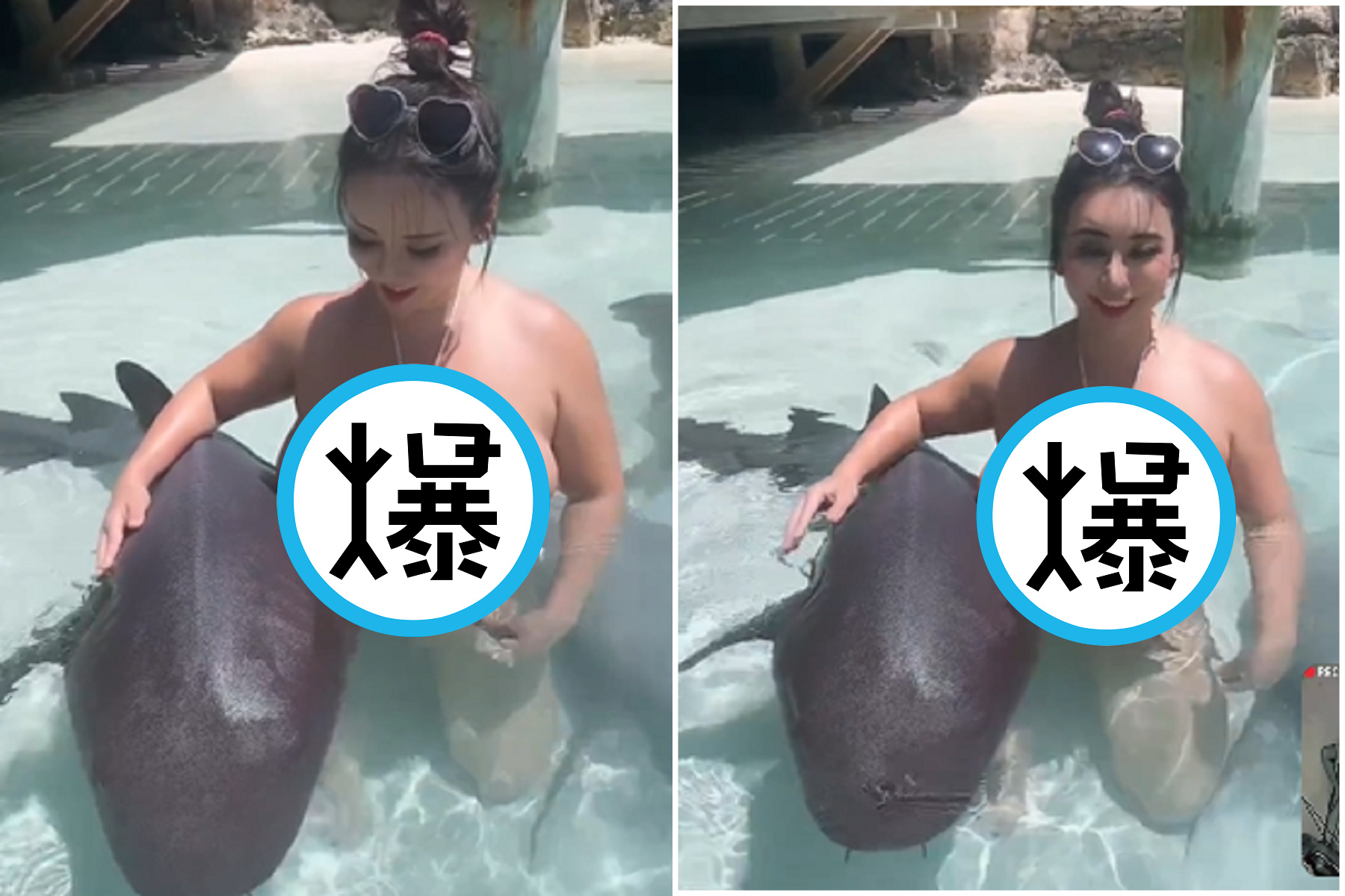 比基尼妹子緊抱那條魚「波濤胸湧」，上半身「榴彈炸裂」讓網驚呆。（翻自微博）