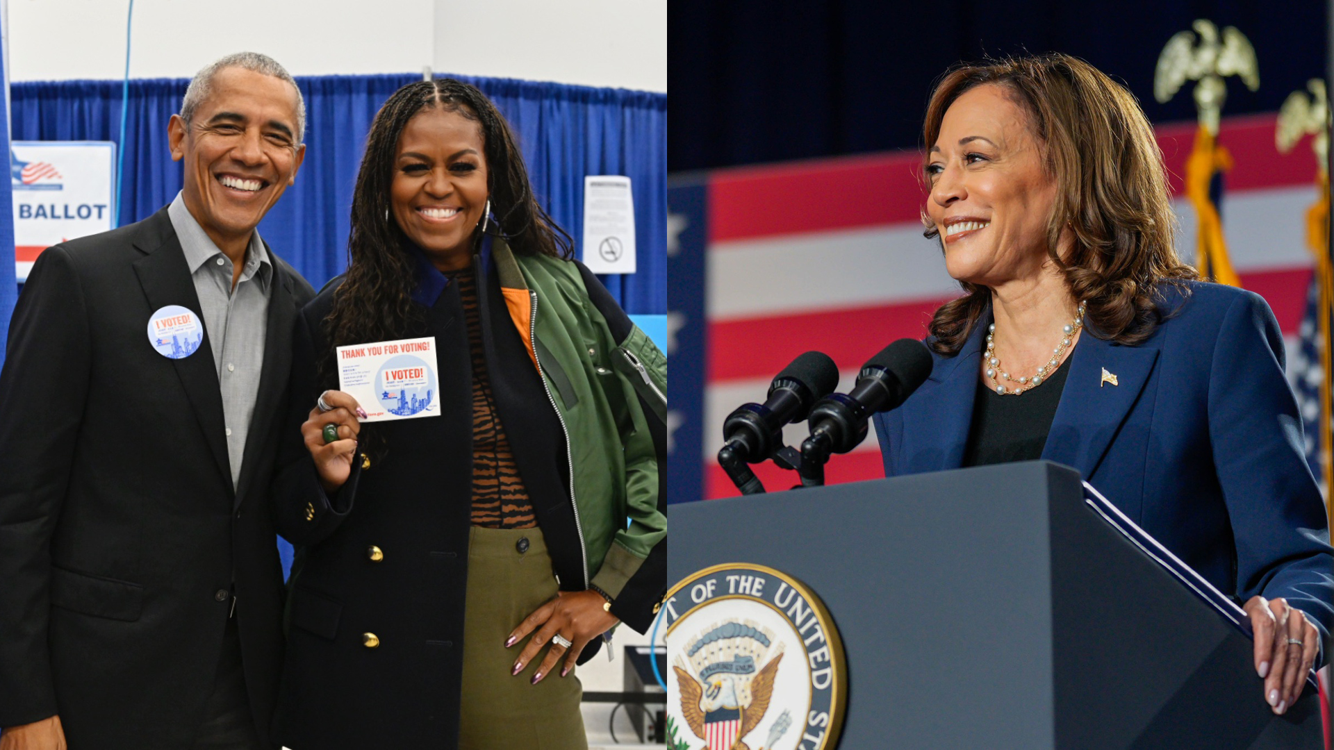 歐巴馬夫婦（左）在宣布支持賀錦麗的聯合聲明中，讚揚了賀錦麗並列舉了她的成就。（翻攝臉書Barack Obama、Kamala Harris）