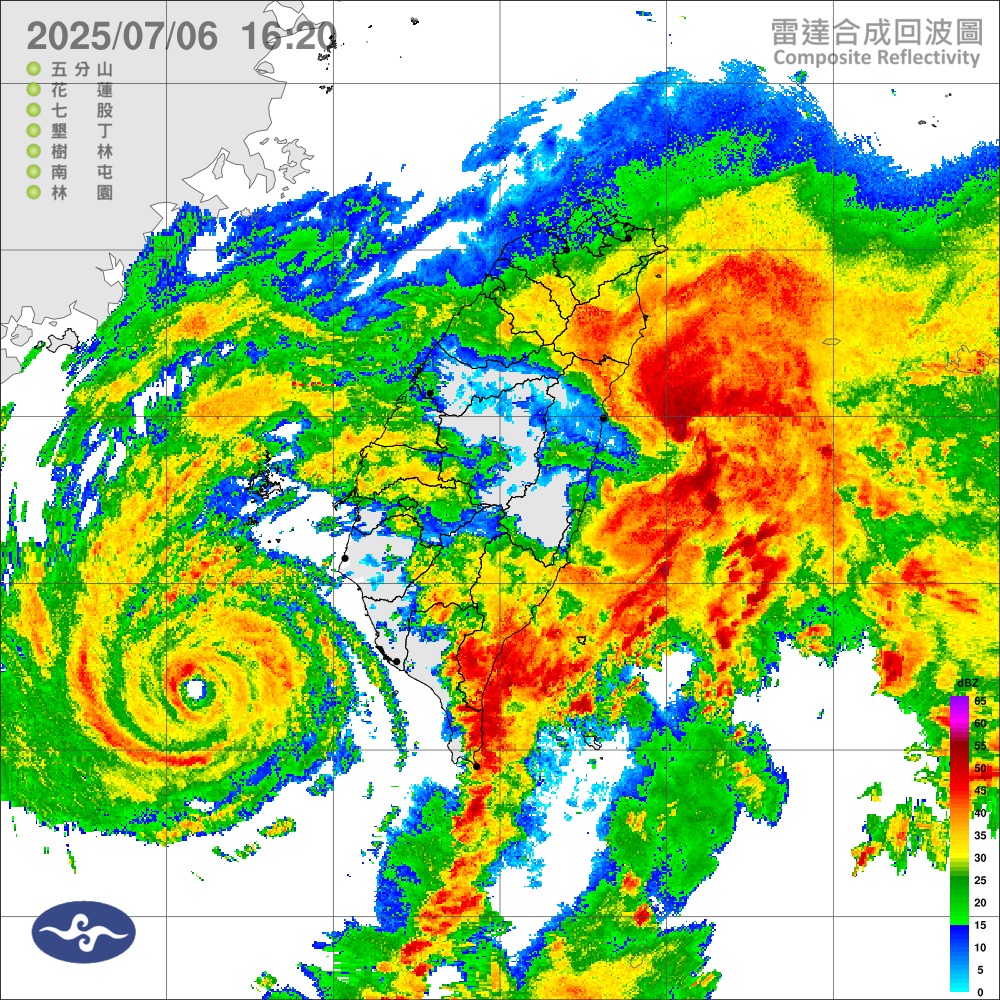 丹娜絲暴風圈已於下午4點觸及台灣本島。（氣象署提供）