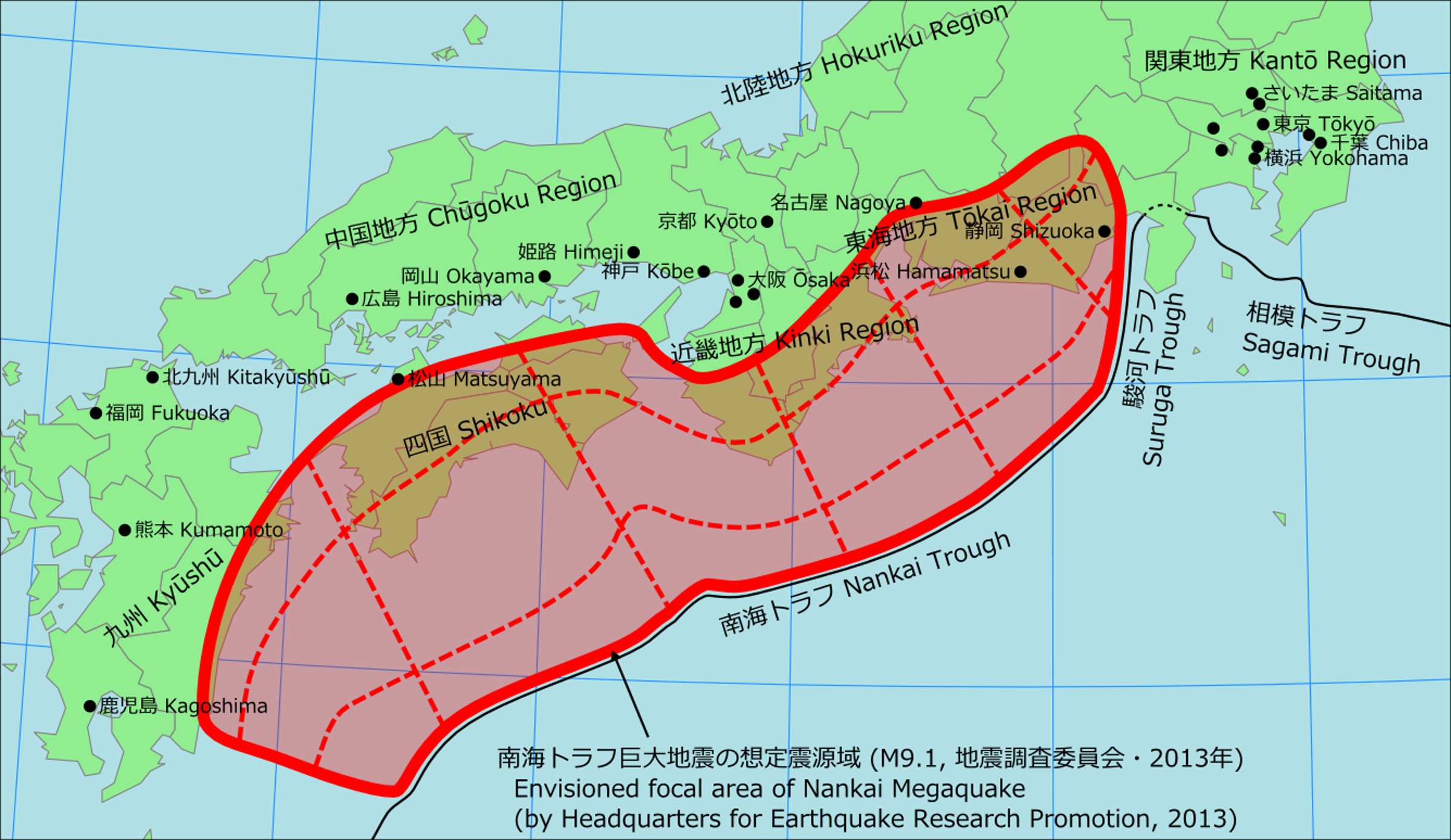 日本推估南海海槽未來30年內發生規模8至9強震的機率達80%,呼籲民眾平時應做好防災準備,盼將影像降到最低。(日本地震調查委員會)
