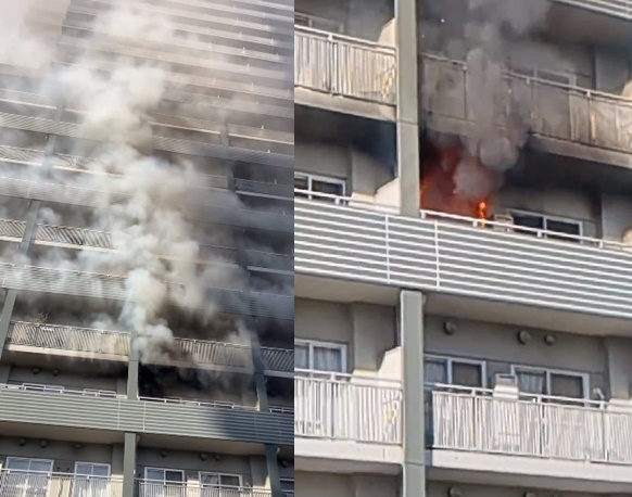 東京荒川區南千住一棟39樓高的住宅今上午發生火警，出動20多輛消防車滅火。（翻攝自X@MNTATHER55、@takashi75282148）