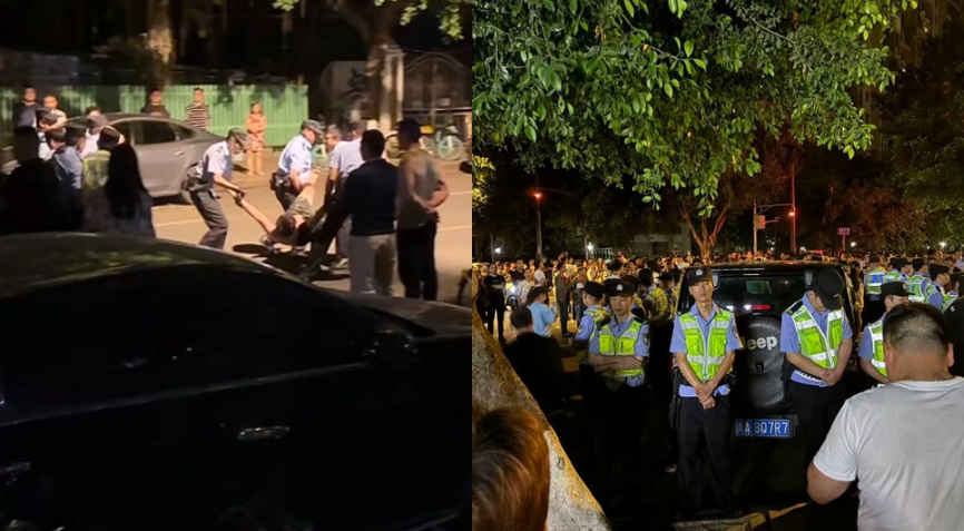 四川成都一名年輕人僅因觸摸路邊吉普車，竟遭車主大媽呼2巴掌，現場聚集義憤民眾，大批警力到場逮捕抗爭人潮，並護車。（翻攝X @whyyoutouzhele）