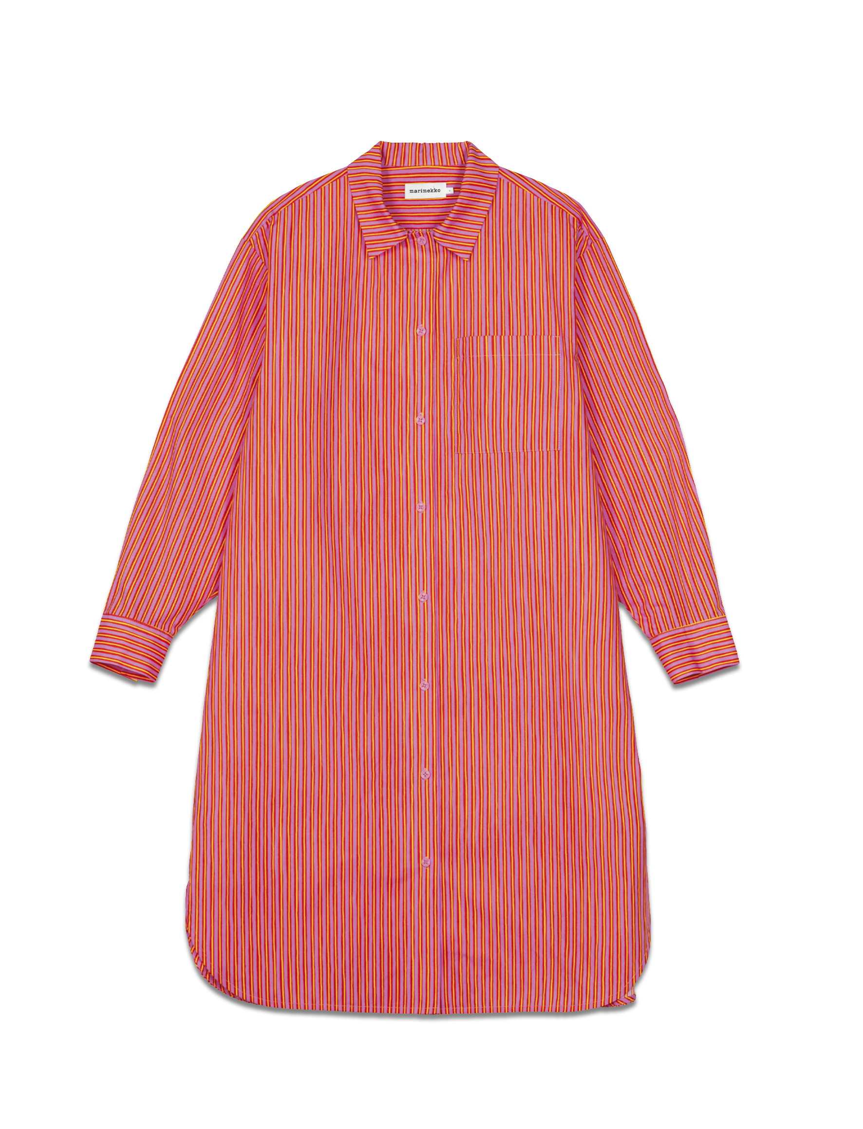 Laila Gohar × Marimekko聯名合作系列莓果紅細條紋長袖襯衫式洋裝。NT$10,900。（俊思提供）