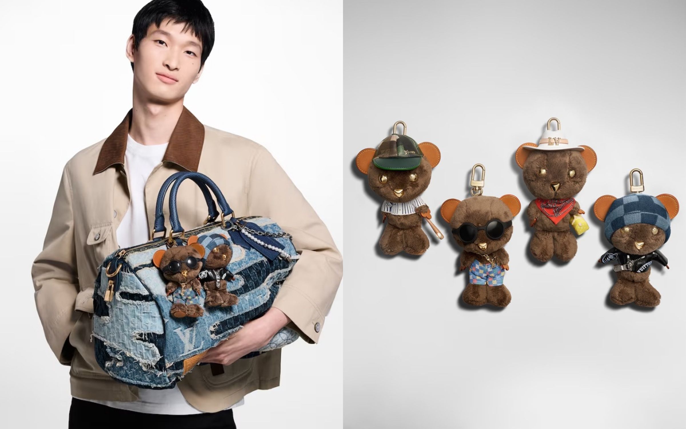 將男裝創意總監Pharrell Williams設計風格縮小並整合的LV Louis Bear小熊吊飾，有著滿滿的品牌標誌。（路易威登提供）