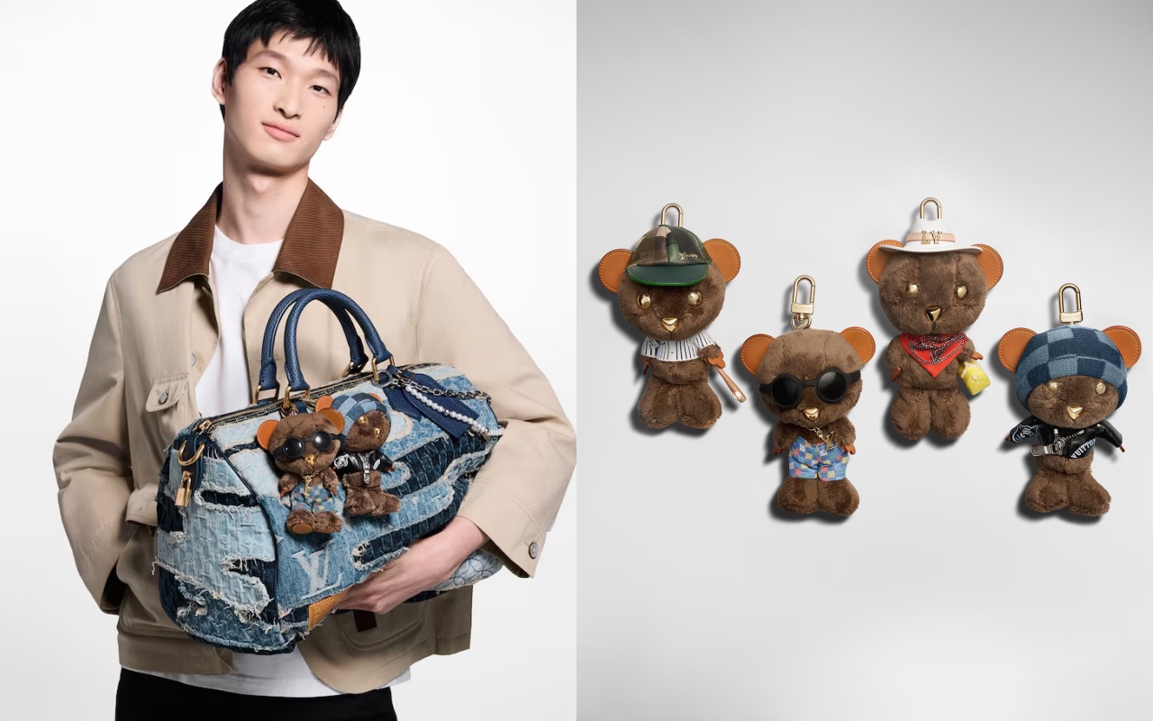 將男裝創意總監Pharrell Williams設計風格縮小並整合的LV Louis Bear小熊吊飾，有著滿滿的品牌標誌。（路易威登提供）