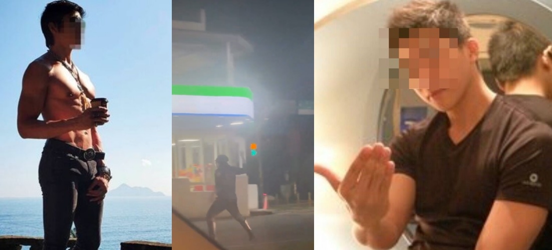 翁姓男子在環金路、中正路口一帶情緒失控，引發用路人恐慌（中）；其過去曾以「猛男界RAIN」名號活躍於北部夜場、派對及活動圈。（翻攝自IG、threads/karrennhu）