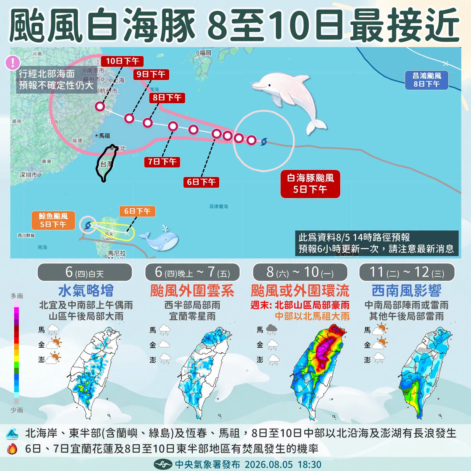 中央氣象署說明,中颱「白海豚」週六至下週一最接近台灣。(翻攝自臉書@報天氣─中央氣象署)