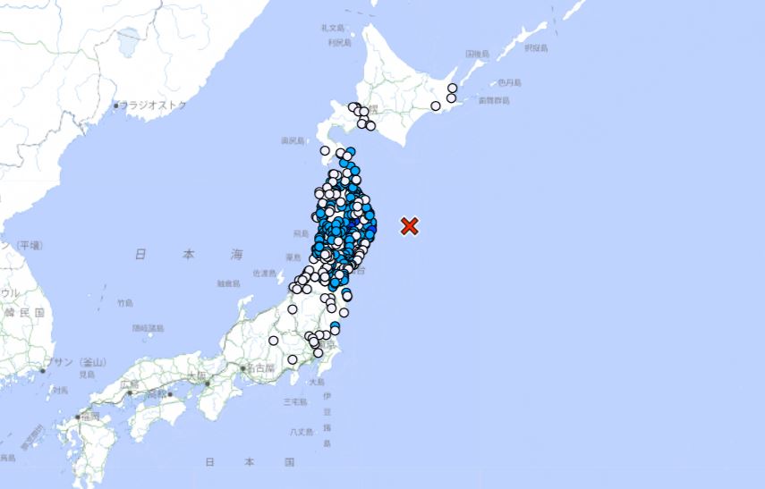 日本東北地區三陸近海又發生規模6.2地震。（翻攝日本氣象廳官網）