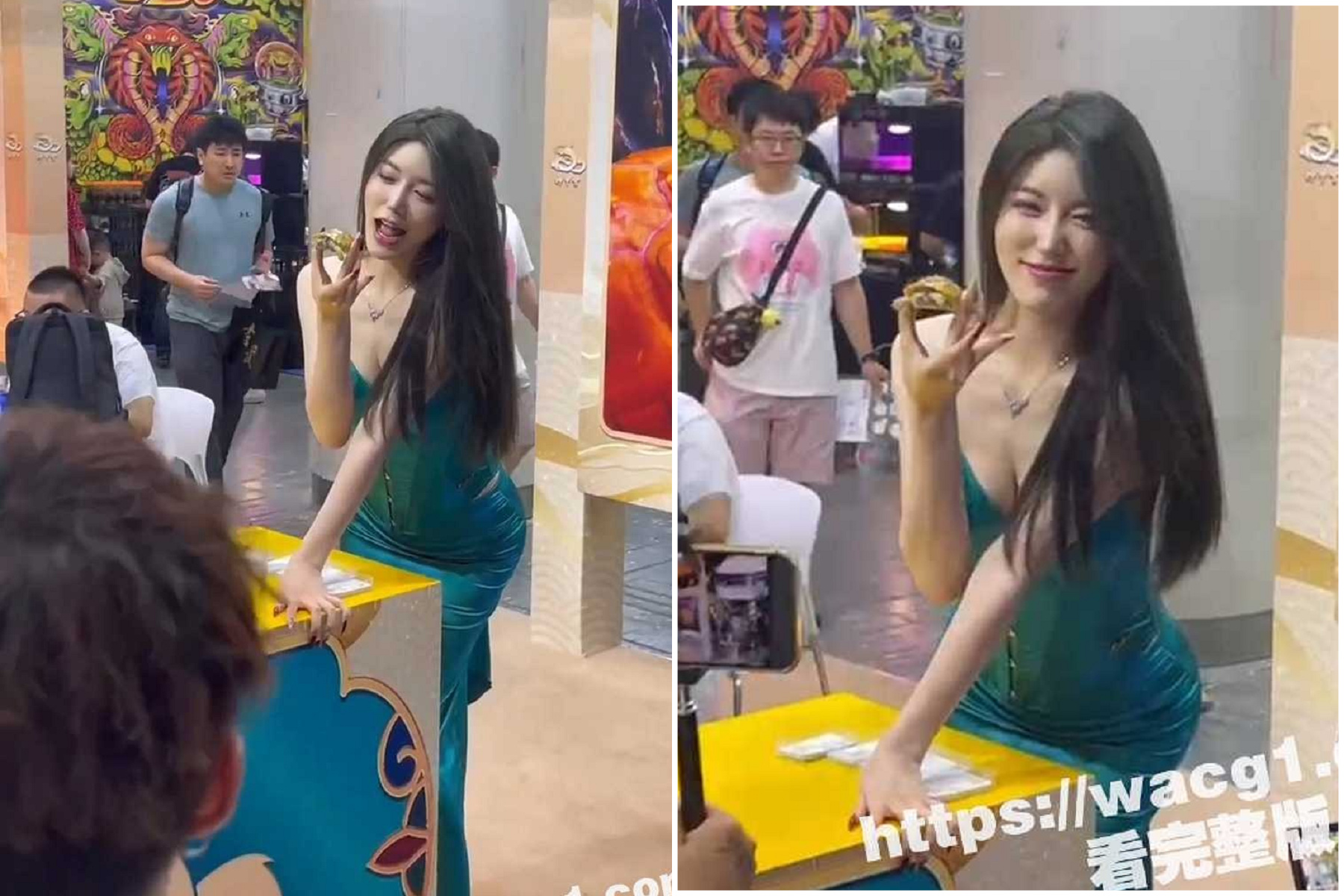 這是上海烏龜展！正妹「龜模」爆肉彈，吹龜龜頭部吸人氣。（翻自《吃瓜網》）