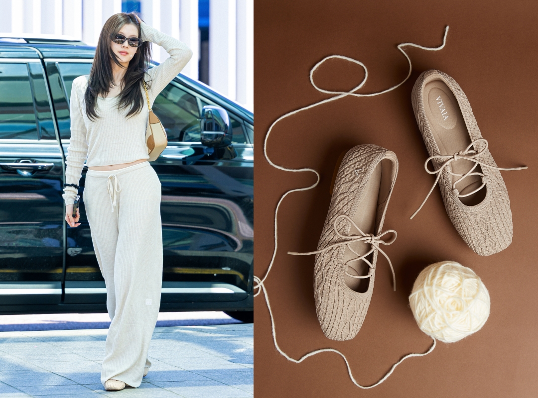 TWICE成員Sana搭機時穿著MILEY杏色編織的綁帶瑪莉珍休閒鞋。NT$4,480（VIVAIA提供）       