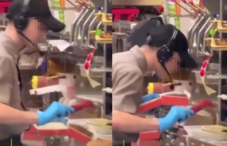 速食店員工朝漢堡肉排吐口水後還用手抹開，惡行全被顧客錄下。（翻攝自ig）