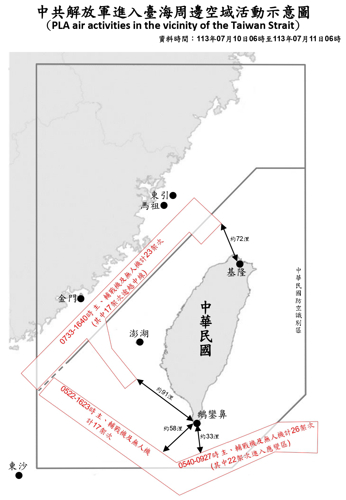 國防部曝光解共機在台海活動示意圖。(國防部提供)