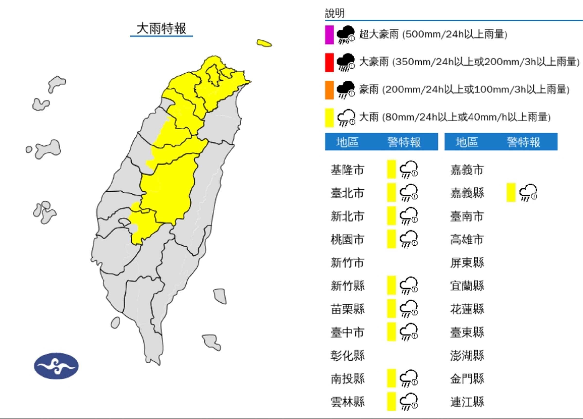 氣象署下午2時針對10縣市發布大雨特報。(氣象署提供)