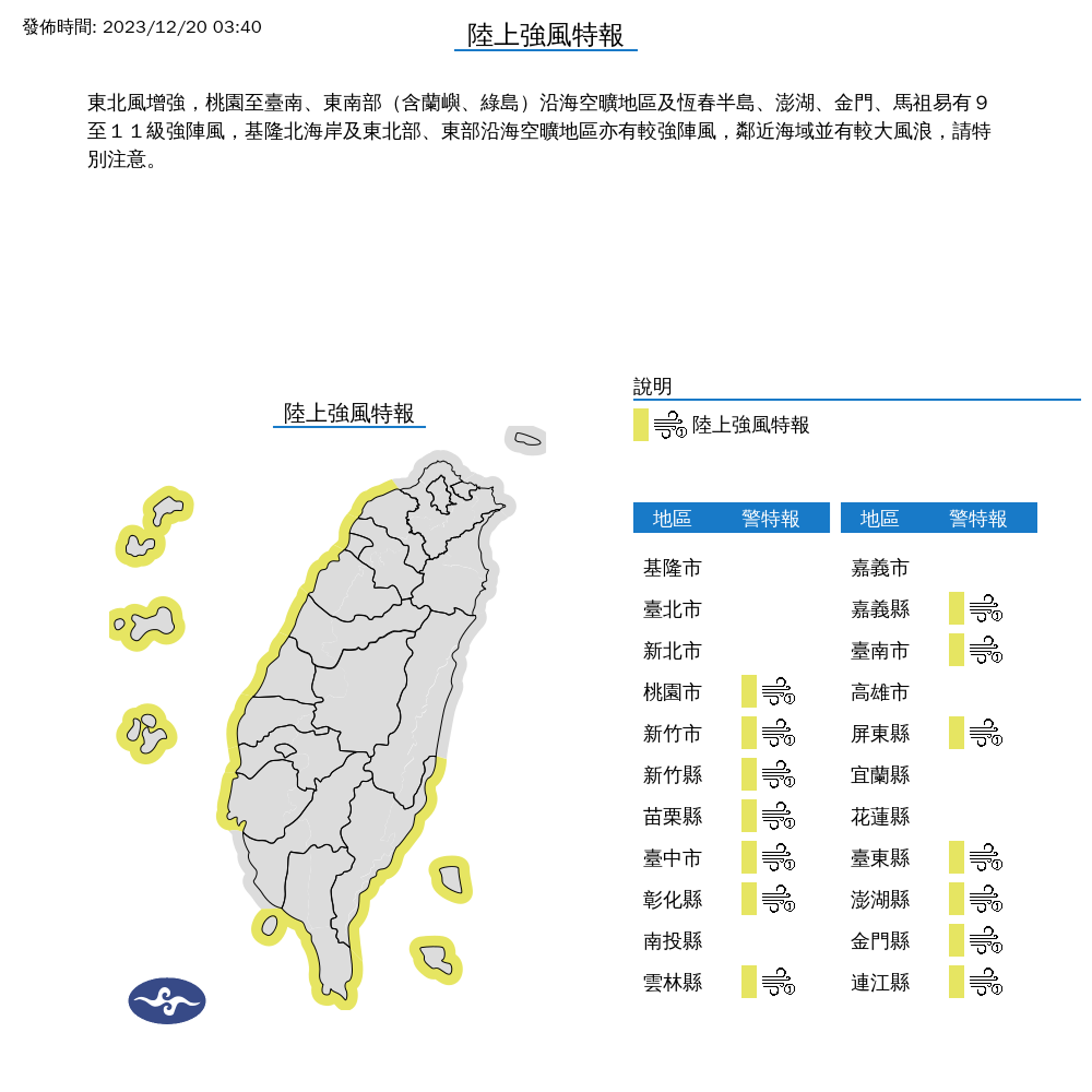氣象署針對14縣市發布陸上強風特報。(氣象署提供)