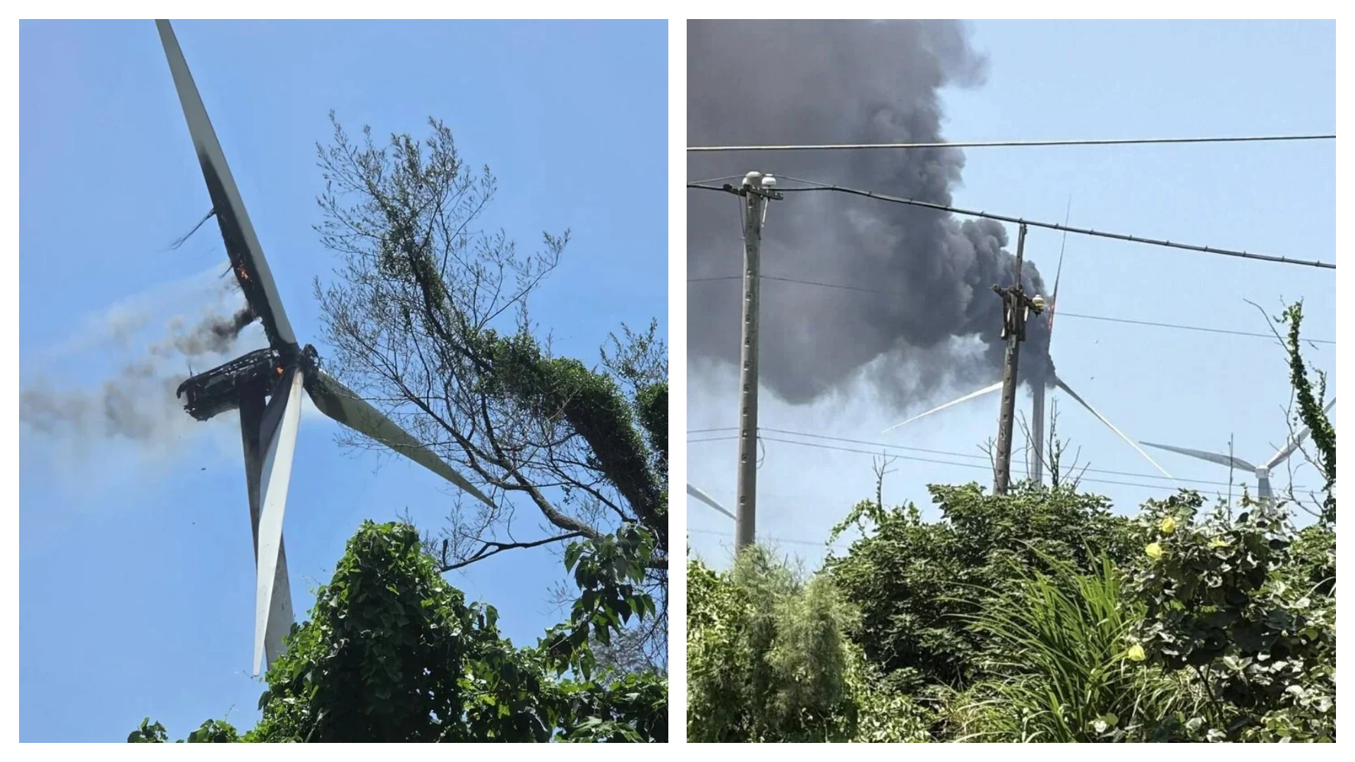 雲林縣麥寮鄉豐安路951號附近一座風力發電機機組，今日中午疑似因太熱忽然冒煙起火。（翻攝畫面）