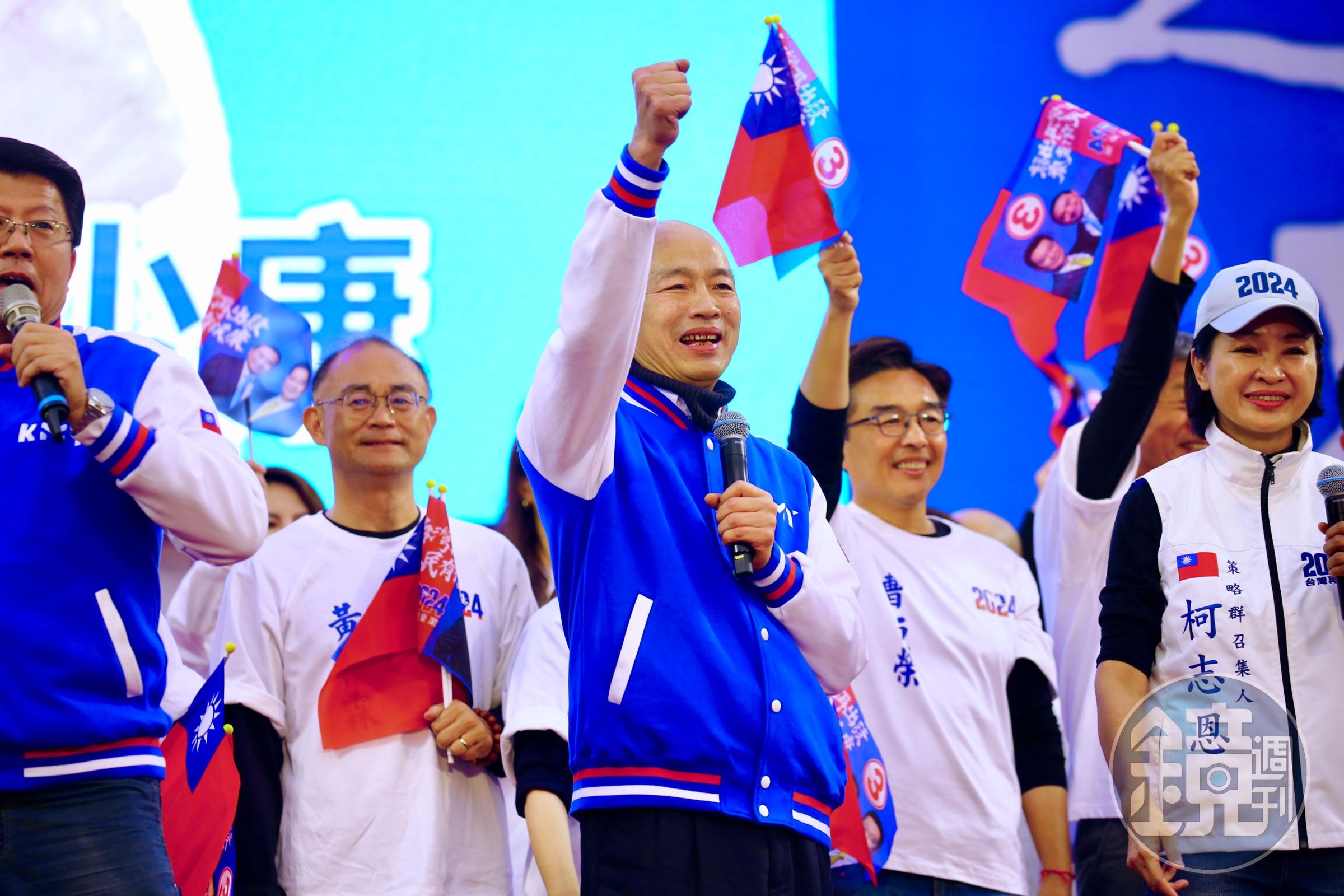 韓國瑜（圖）於國民黨高雄造勢活動登場，引爆現場氣氛。