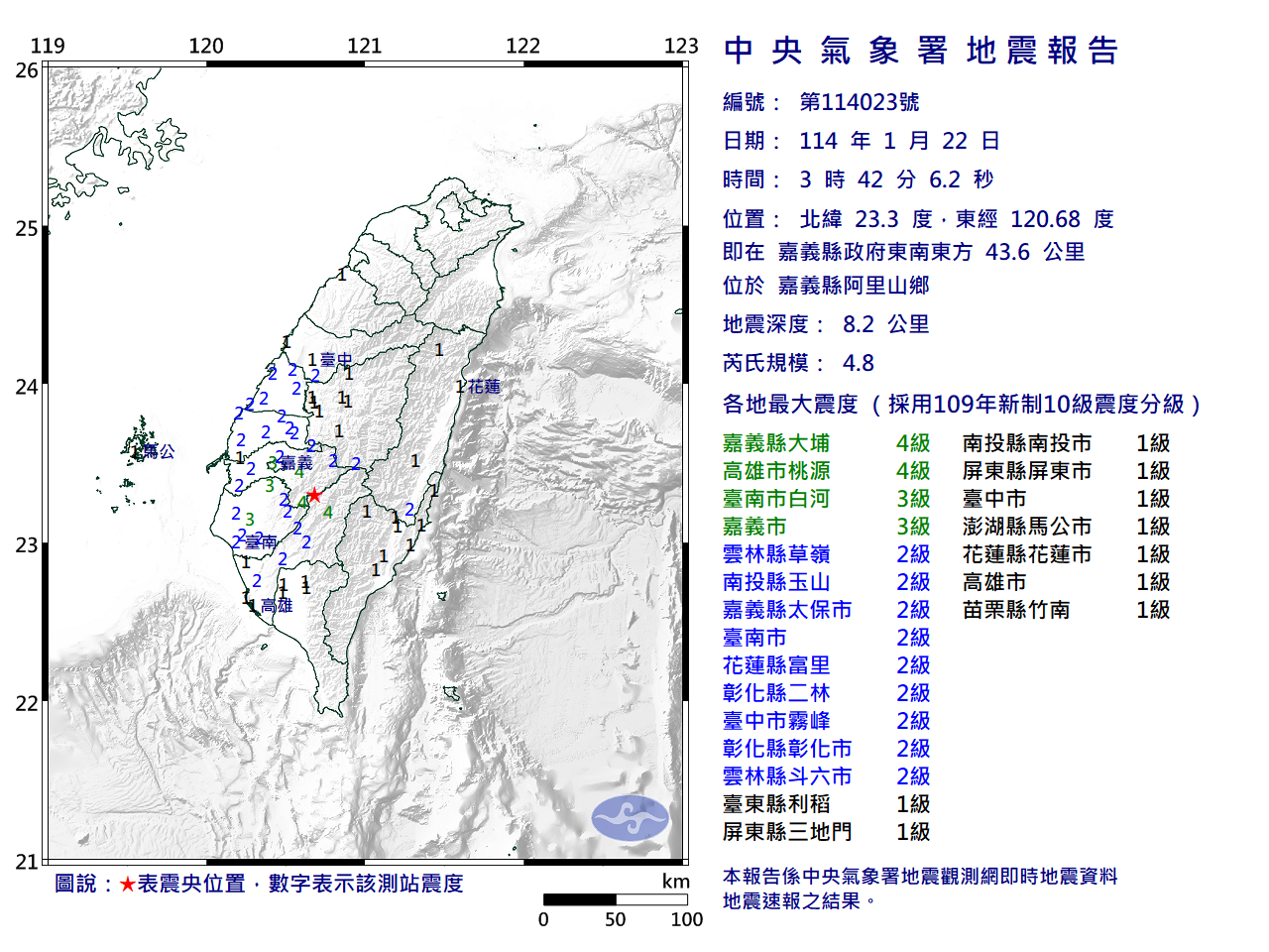 凌晨3點42分，嘉義縣阿里山鄉發生規模4.8地震，深度僅8.2公里。（氣象署提供）