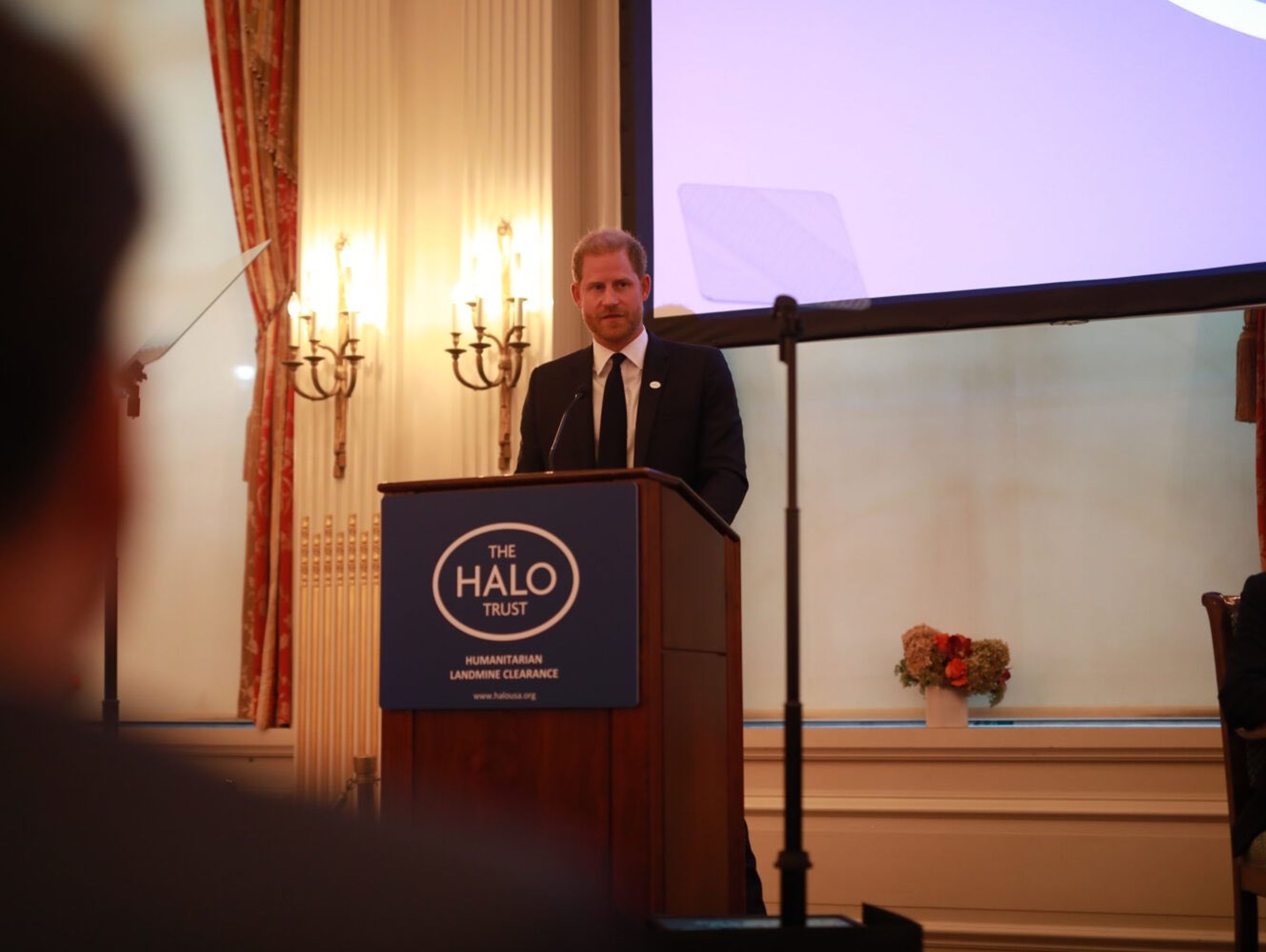 哈利在「光環信託組織」活動發表避雷演說。（翻攝The Halo Trust X）
