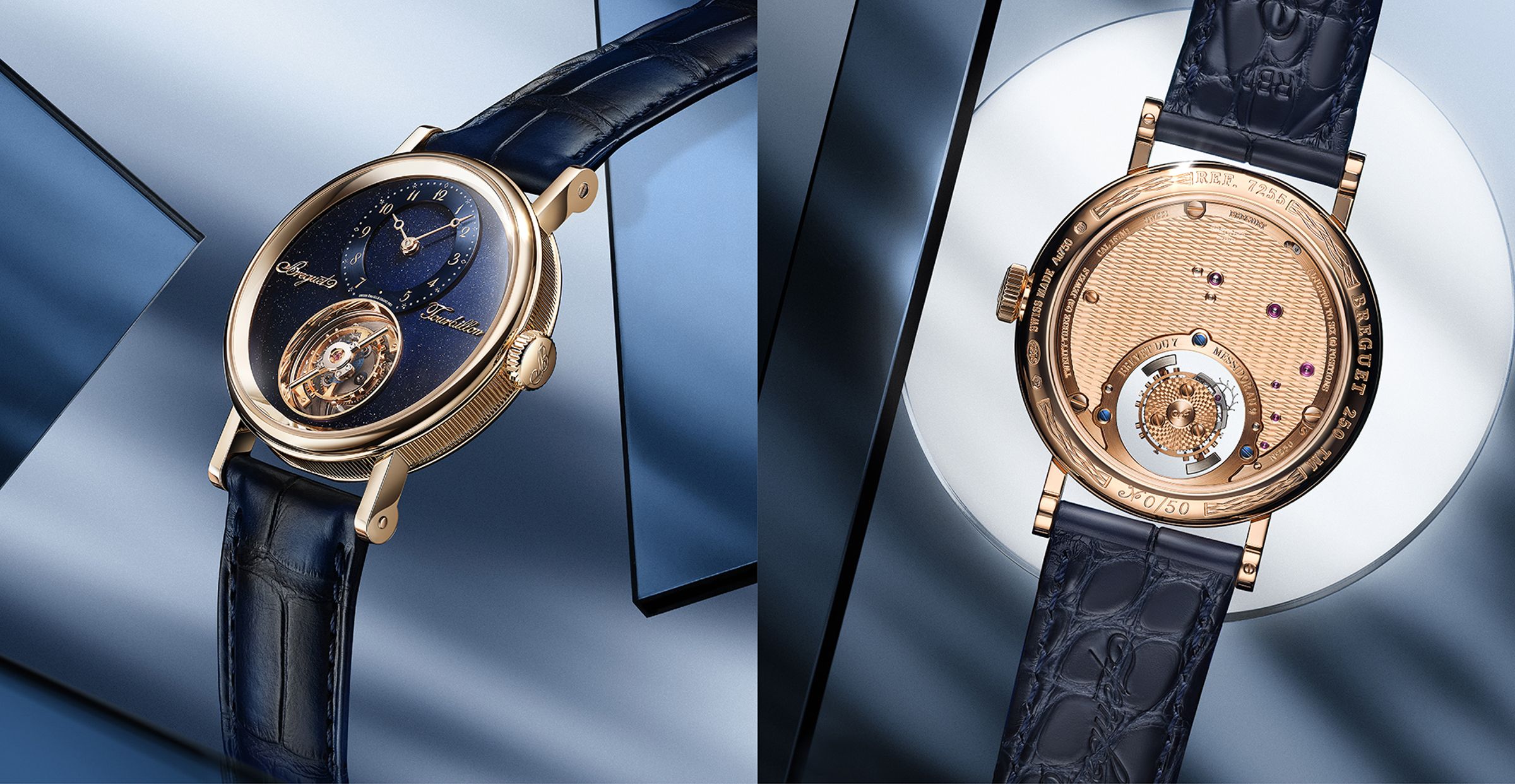Classique Tourbillon Sidéral 7255運用砂金石面盤，翻過背面，可以欣賞到一整面的全新設計鐘錶堤岸機刻雕花。