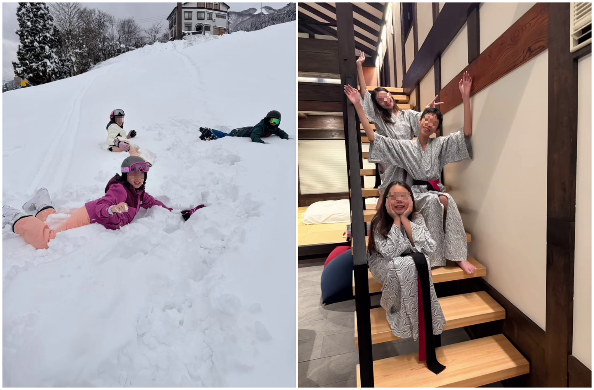 3個孩子在雪地裡嬉戲、在旅宿裡合照，幸福可愛。（翻攝曾馨瑩IG）