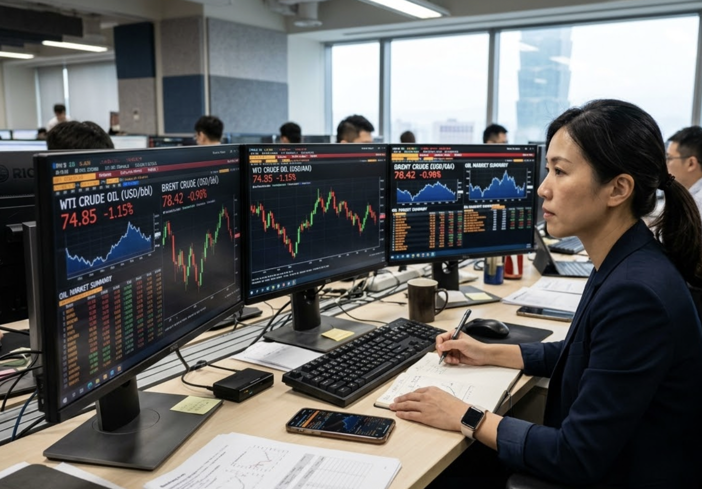 國際原油價格在川普發文後瞬間閃崩 10%，市場卻驚傳在消息發布前已有神祕大戶提前進場放空，引發內線交易疑雲。（示意圖，由AI生成）