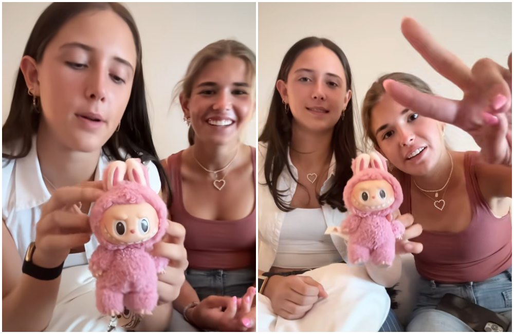 凱伊（右）和好閨密艾瑪（左）開箱Labubu盲盒，超真實反應全曝光。（翻攝emmamarkin TikTok）
