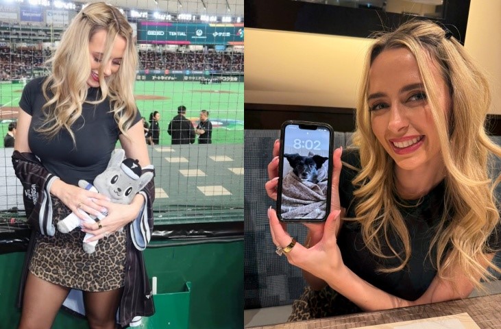 費爾柴德在WBC賽事表現亮眼，其妻子哈娜（圖）抱著台灣隊吉祥物「歐告」在場邊加油也引發球迷關注。（翻攝自instagram/hannafairchi、threads/rofsportstw）