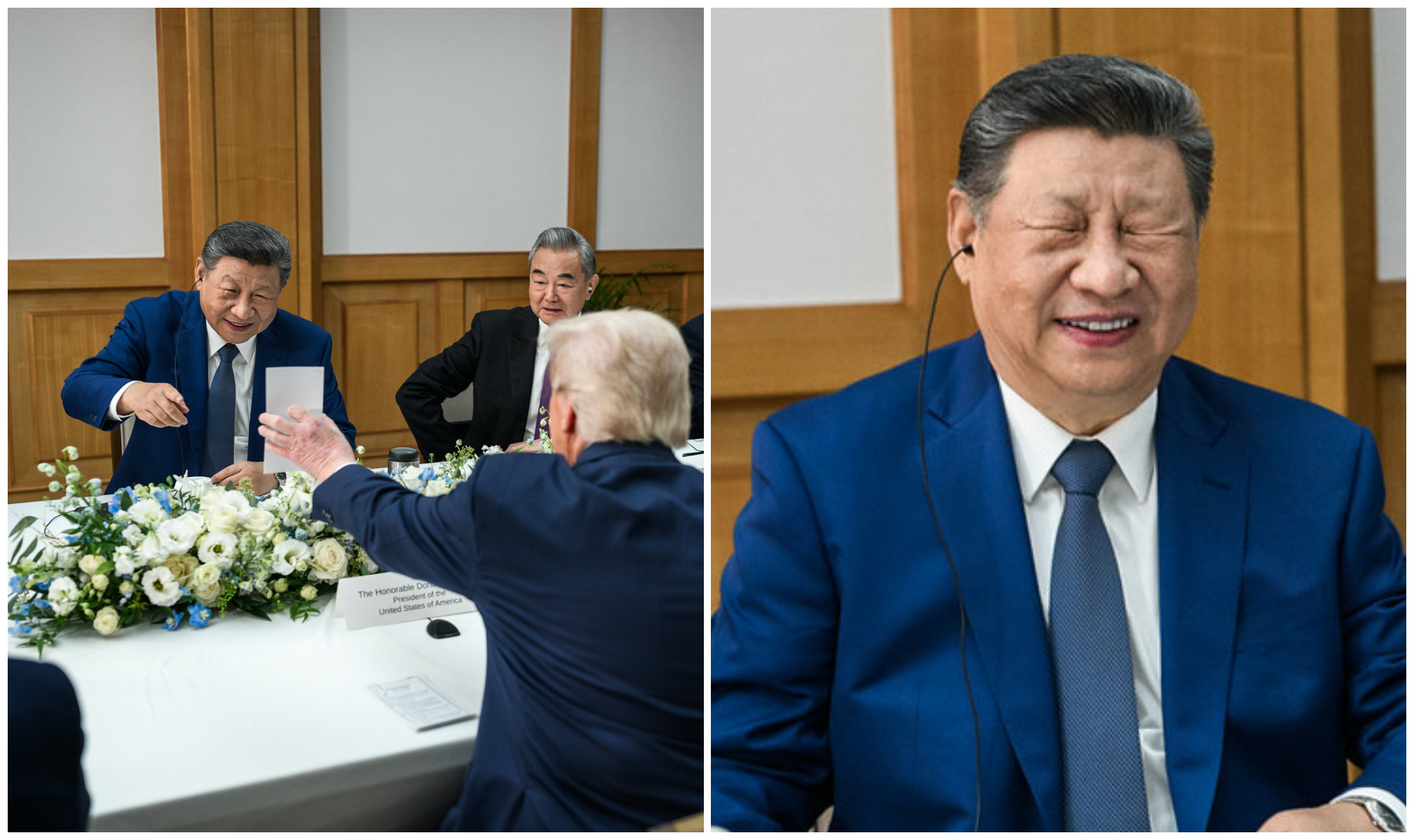 川普給習近平看一張卡片，習近平看到後笑開懷，如表情包。（翻攝The White House Flickr）