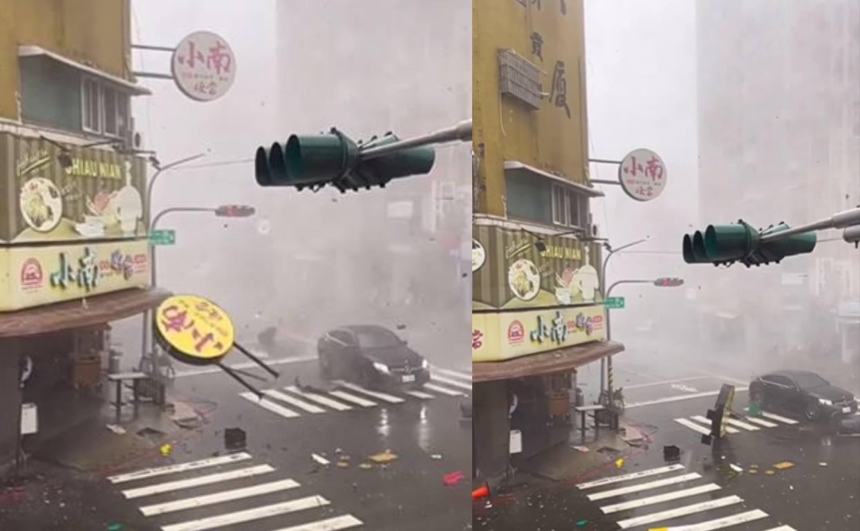 高雄苓雅便當店招牌墜地,險砸黑車。(翻攝自threads)