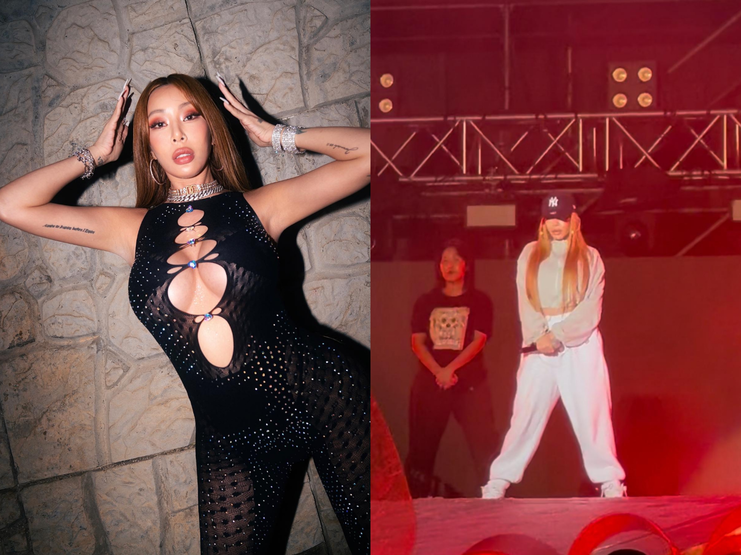 韓國歌手Jessi昨（30日）抵達台中即展開彩排，今晚將在台中水湳跨年晚會表演。 （左翻攝Jessi Ins, 右讀者提供）