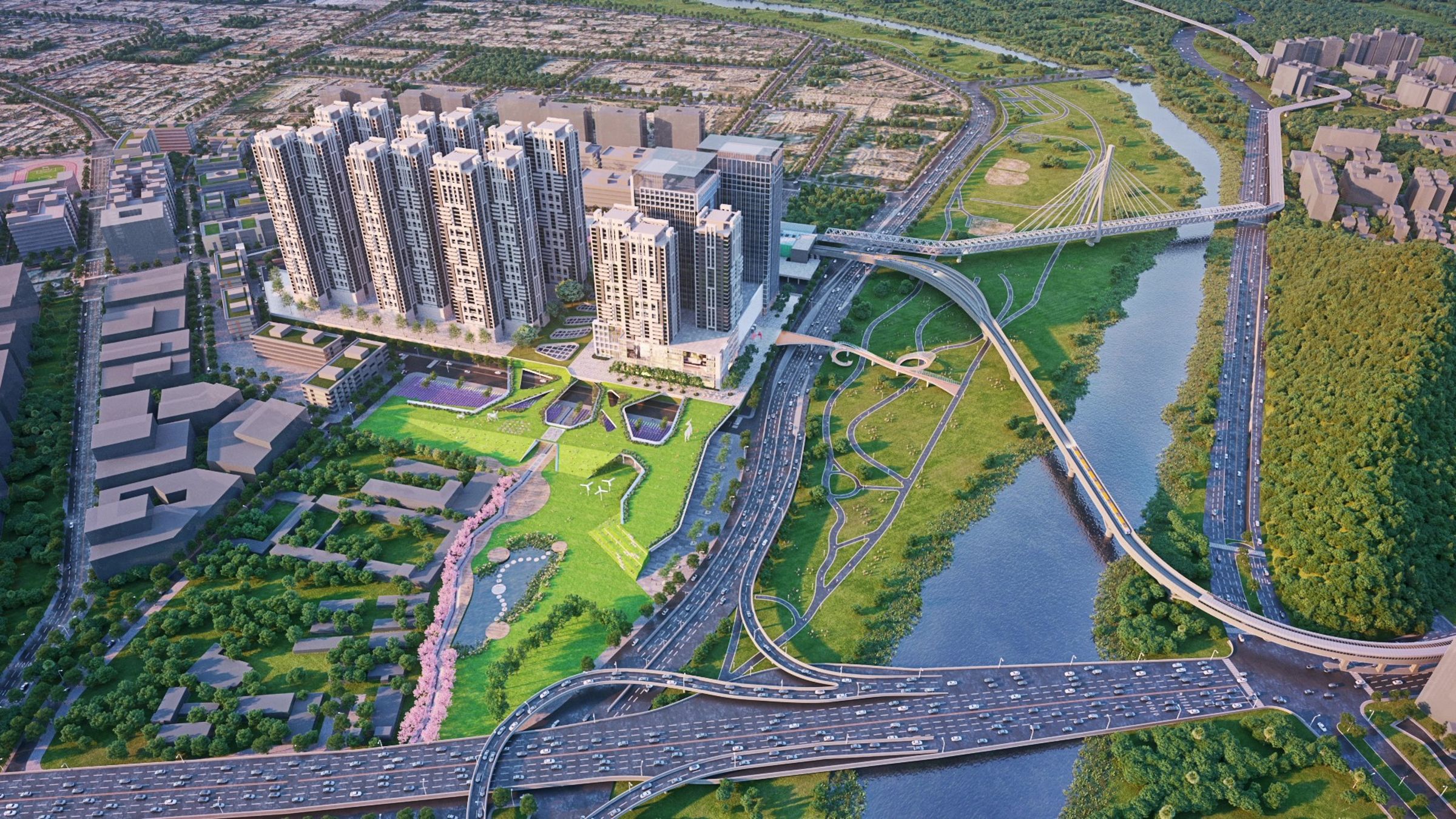 新北市政府地政局繪製B單元公園用地(污水處理廠用地)大平台模擬圖,期待未來新店十四張蛻變換新,成為兼具綠意、生態與文化共存的宜居新城。