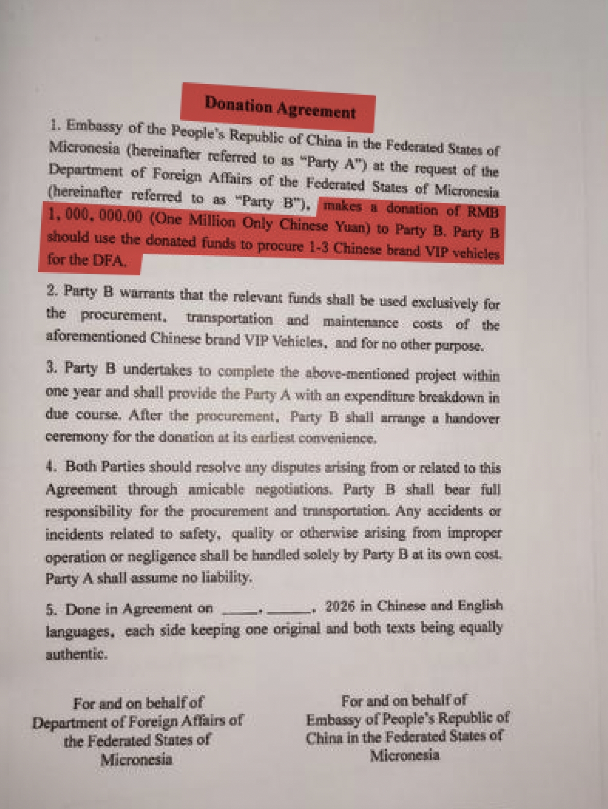 中密雙方Donation Agreement草案,明載中方捐款100萬人民幣,密國將用於採購1至3輛中國品牌VIP車輛。(翻攝自暗網)