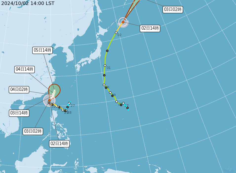 中颱山陀兒移動速度緩慢，但因捲入北風乾冷空氣，颱風環流縮小，強度已減弱。（取自中央氣象署）