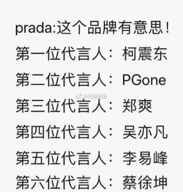 對岸網友列出PRADA在對岸的6位代言人，居然每位都出事。（微博圖片）
