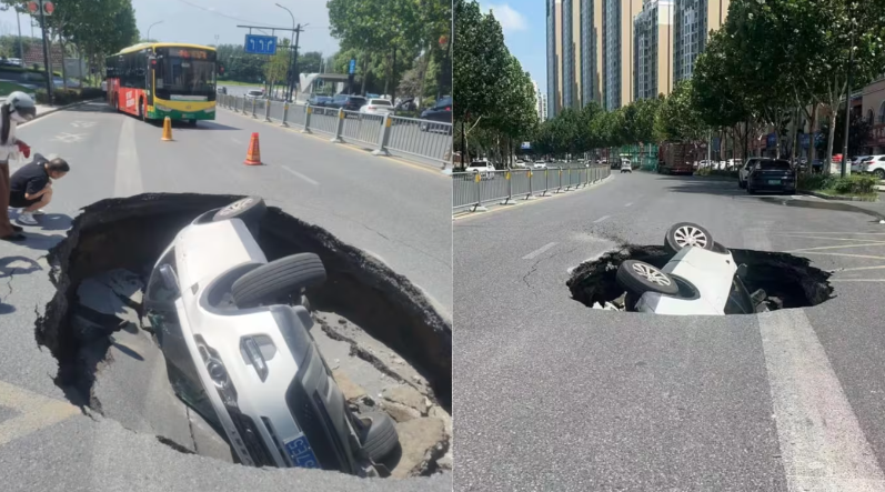 中國合肥路面突然塌陷，一輛白色越野車「被吞噬」。（翻攝自微博）