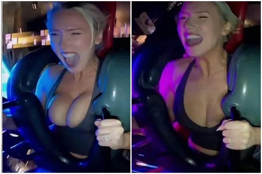 一名金髮辣妹去遊樂園玩類似「彈射」遊樂設施，吸引2700萬網搶看。（翻攝自IG）