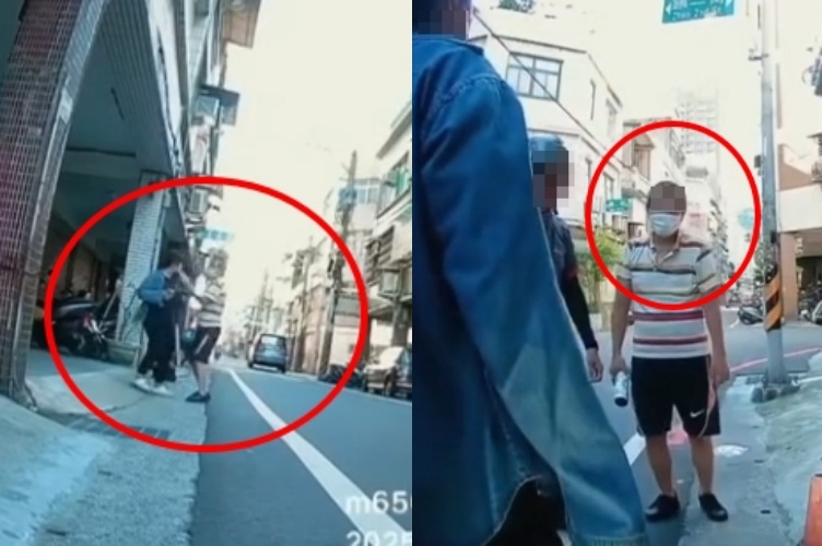 精神異常的陌生男子（右圖紅圈）突然舉瓶威脅，女子遭逼入騎樓驚慌求救。（翻攝自Threads）