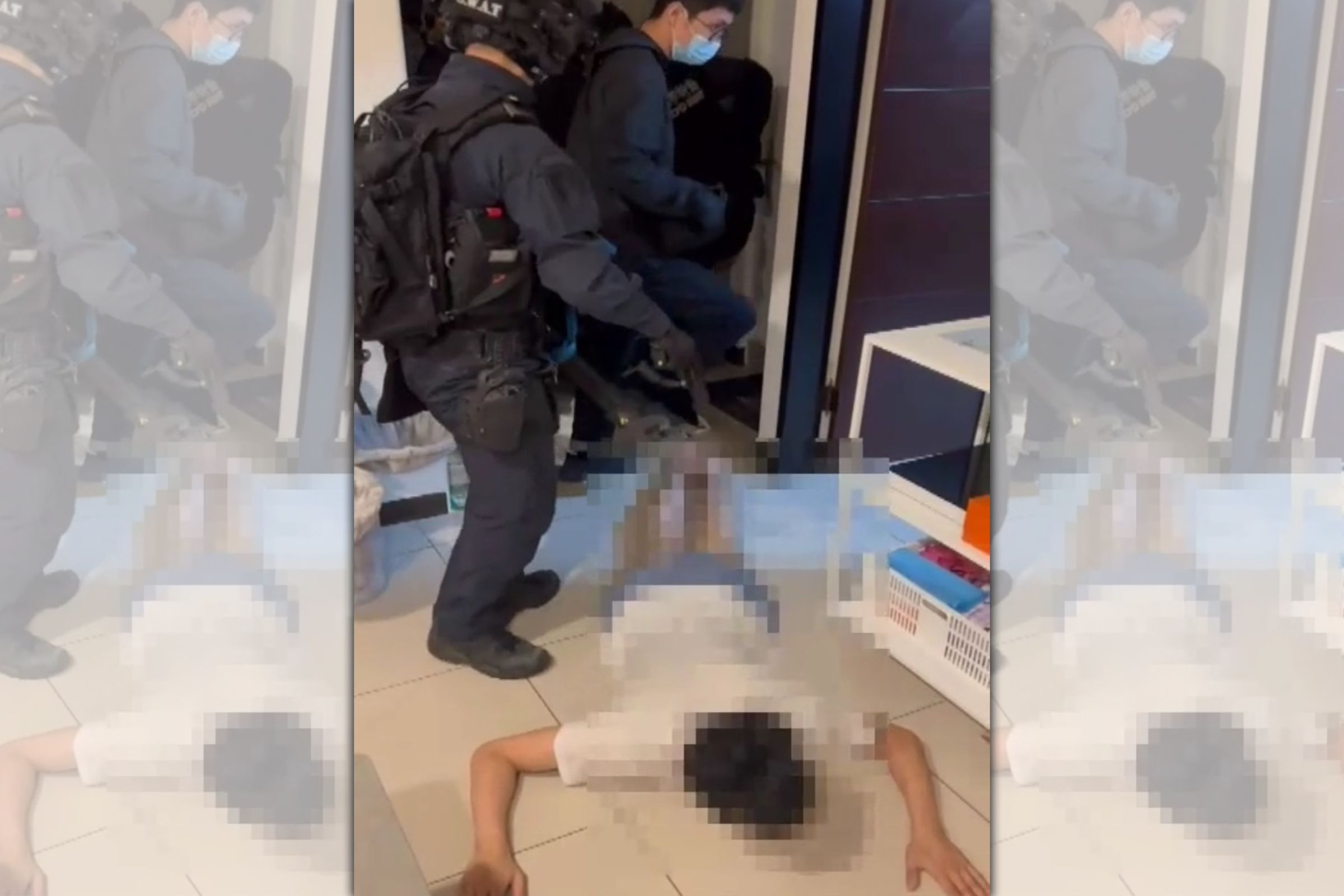 警方破門攻堅搜索,逮捕竹聯幫明仁會新店分會長的陳姓男子。(翻攝畫面)