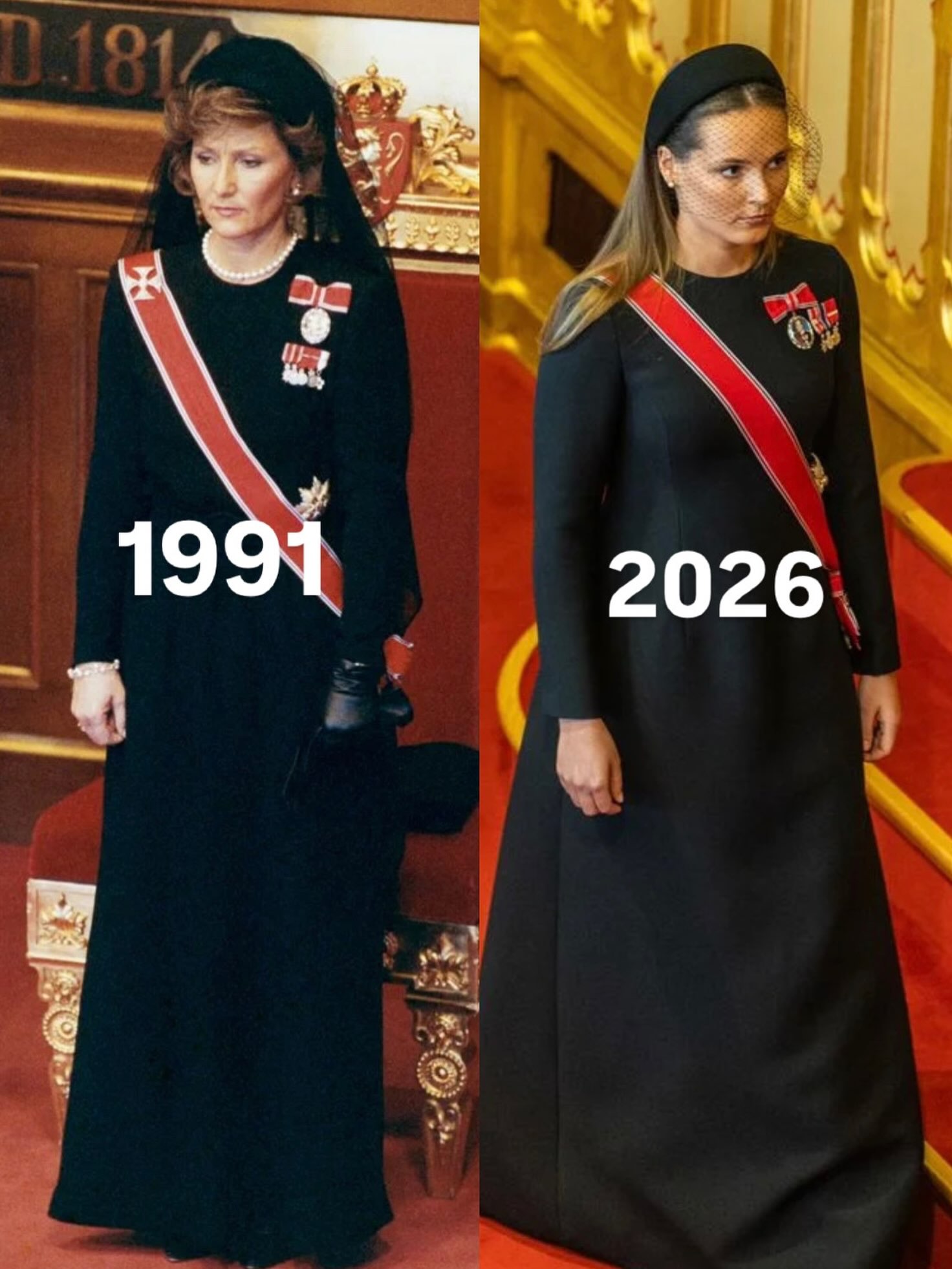英格麗德（右）出席父親哈康八世宣誓儀式，一襲黑色長裙搭配頭飾及網紗，神似祖母宋雅王太后（左）1991年的造型。（翻攝theprincessesroyals IG）