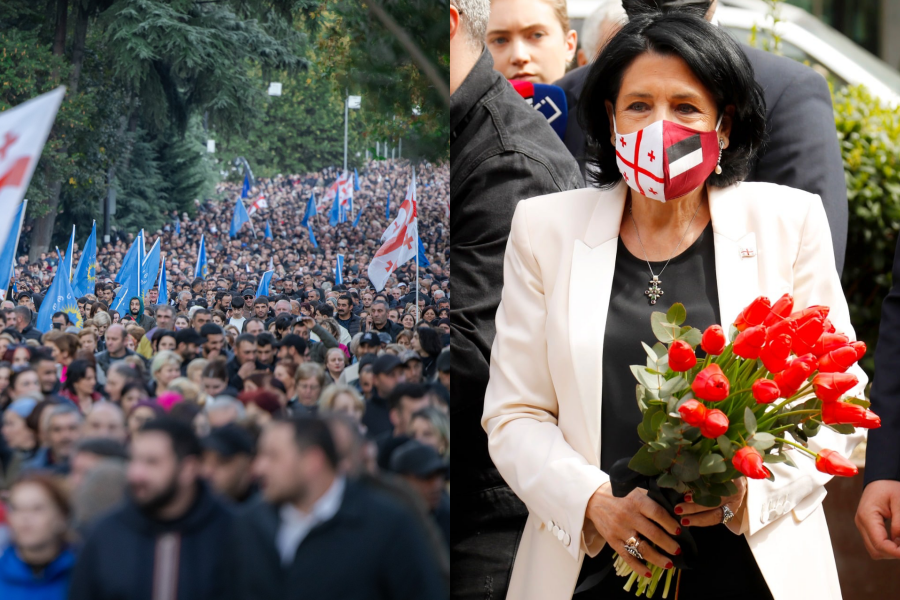 喬治亞10月26日舉辦國會大選，不過總統佐拉比契維利（右）跳出來反對選舉結果。（翻攝自ქართული ოცნება / Georgian Dream、Salome Zourabichvili  （სალომე ზურაბიშვილი）臉書）