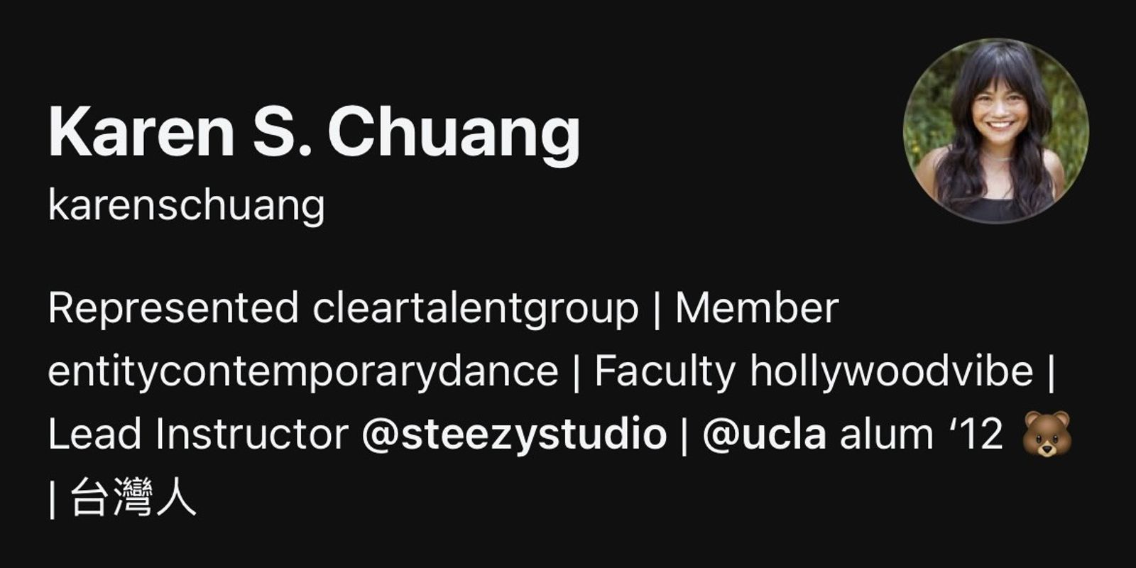 Karen在Threads頁面自我介紹，列出舞蹈相關職涯經歷，最後以正體中文寫下「台灣人」。（翻攝Threads）
